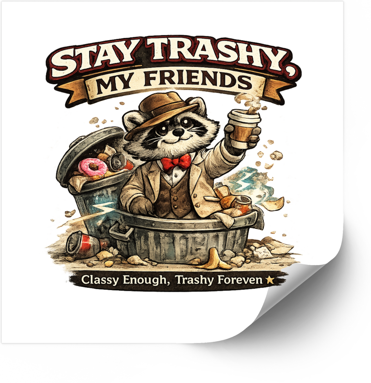 Stay Trashy My Friends Raccoon Sticker | Funny Dapper Trash Panda Vinyl Decal | Humor Gift