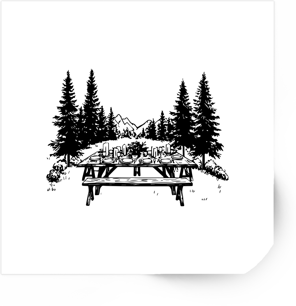 Picnic Table Forest Sticker | Black Line Art Camping Vinyl Decal | Outdoor Nature Gift
